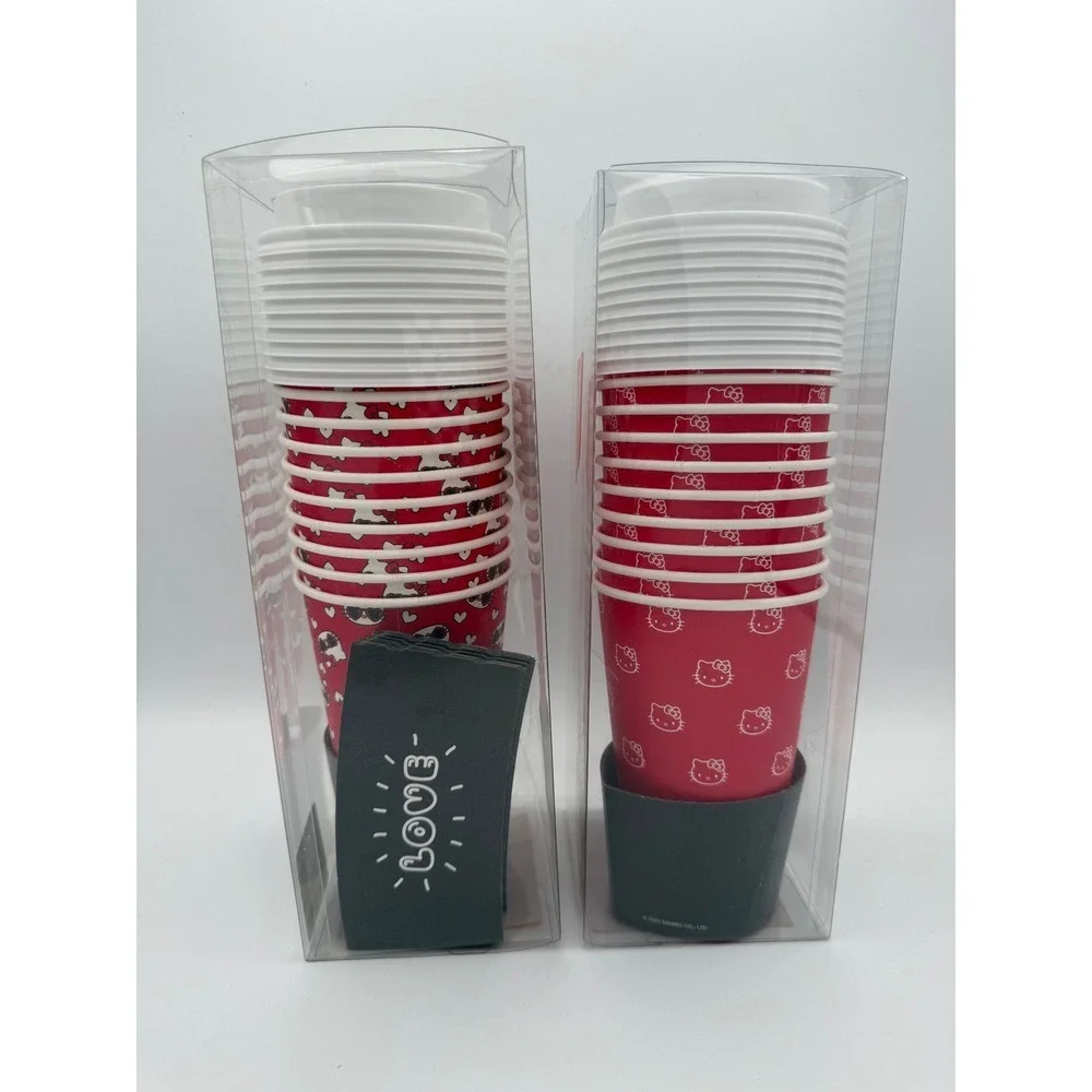 Hello Kitty Hot Cup‎ Set 10 Cups with Lids and Sleeves Sanrio Red Kawaii